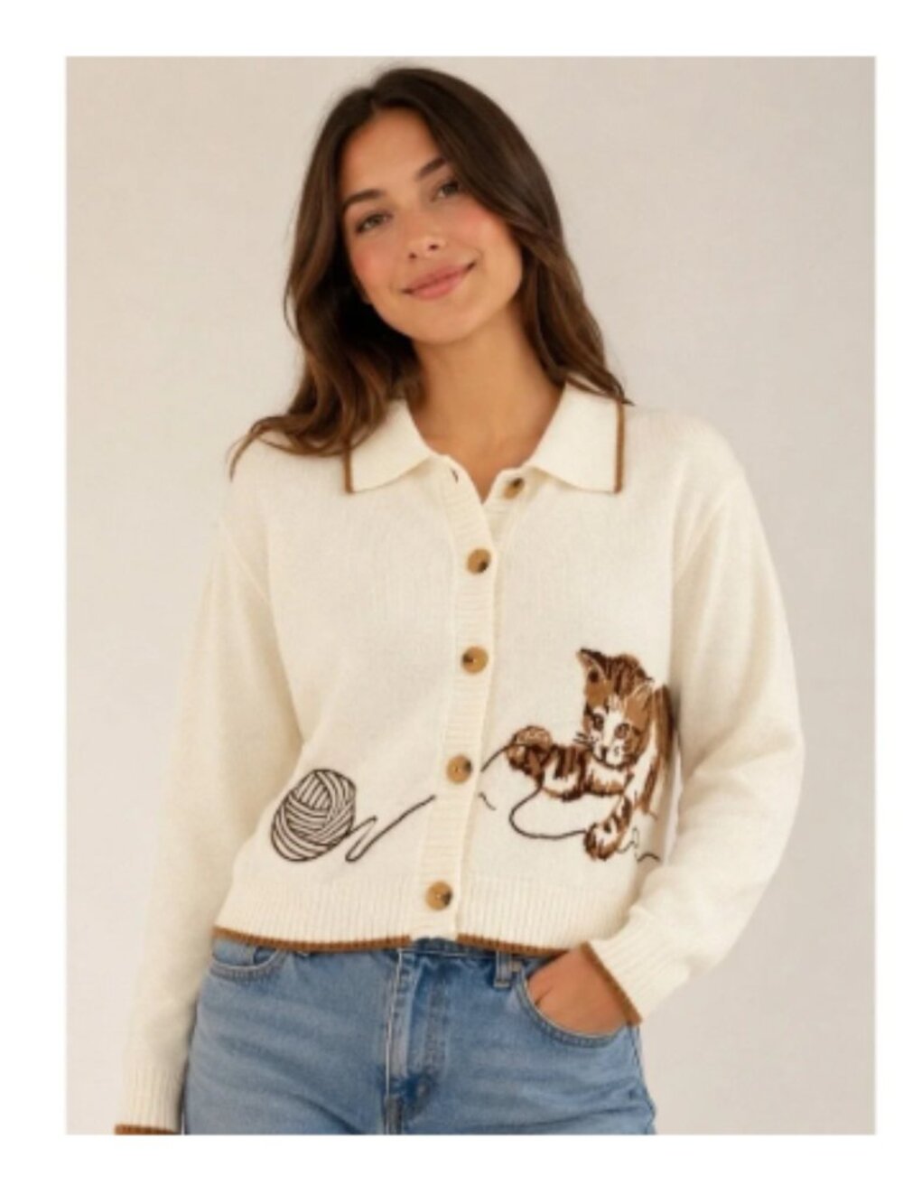 Anthropologie Calligraphie Playful Tabby Cat & Yarn Ball Knit Cardigan Sweater X